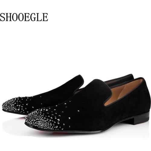 SHOOEGLE Men Newest Slip-on Rhinestone Loafers Prom Wedding Shoes Flats Vintage Style Casual Shoes Italy Smoking Shoes