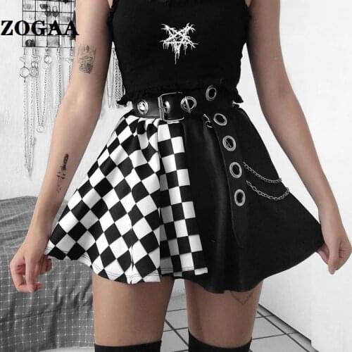 ZOGAA Punk Skirt Gothic Plaid A Line Mini Skirts Harajuku Streetwear Sexy Plaid Patchwork Skirt Club Wear 2021 Summer