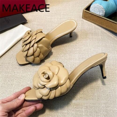 Woman Gold Red Summer Real leather Dress Sandals Slippers Shoes Kitten Heel Leather Flower Mules Formal Party Shoes Women 2021