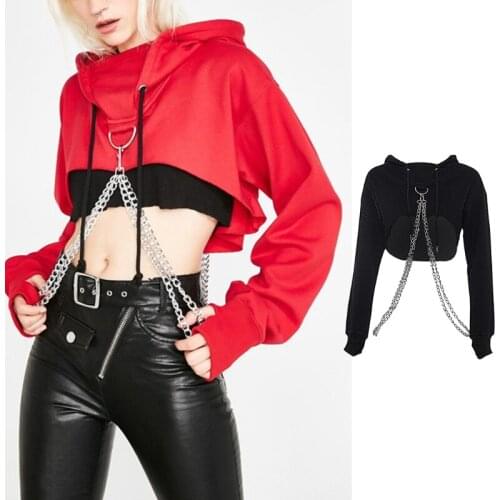 Women Gothic Long Sleeve Hoodies Crop Top Female Metal Chain Strap Cut Out Irregular Sweatshirt Casual Loose Pullover Streetwear