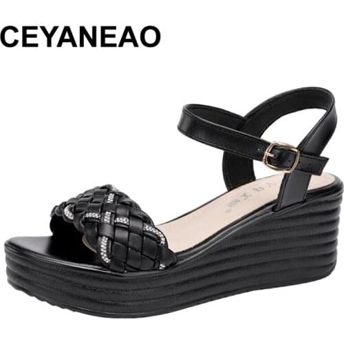 CEYANEAOFashion Rhinestone Peep Toe Woman Shoe Summer 2021Platform WomenS Leather Sandals Ladies Wedge Heel Sandals Female Shoe