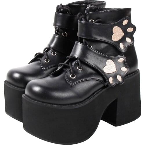 Angelic imprint Women motorcycle punk ankle boots lady short Boots woman high trifle heels pumps shoes 33-47 10cm lace up 315 PU