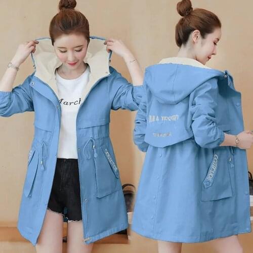 Womens Trench Coat 2021 New Autumn Korean Drawstring Hooded Mid Long Overcoat Winter Fleece Warm Windbreakers Female Outerwear