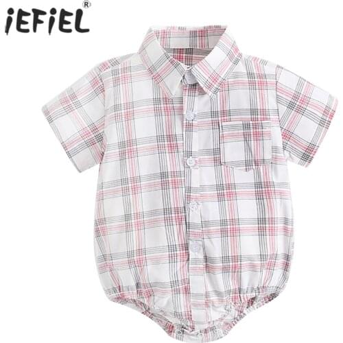 2021 Baby Summer Clothing Infant Baby Boy Gentleman Suit Plaid Formal Bodysuit Short Sleeve Turn Down Collar Shirts Jumpsuit Set