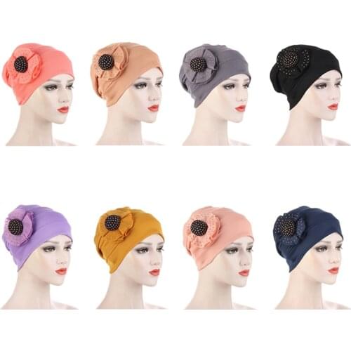 2021 New Elastic Fashion Turban Hat Solid Color Women Flower Headscarf Bonnet Inner Hijabs Cap Muslim Hijab Femme Wrap Head Wrap