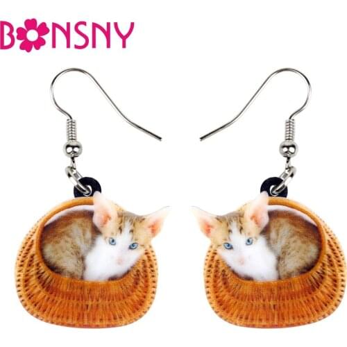Bonsny Acrylic Cartoon Basket Kitten Cat Earrings Big Long Dangle Drop Cute Animal Jewelry For Women Girls Teen Pets Lover Gifts