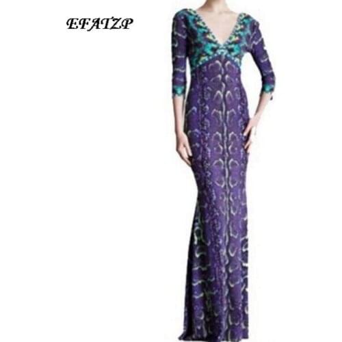 [EFATZP] Designer Dress Womens V-neck Charming Purple Printed Stretch Jersey Silk Long Maxi Dress,S-XXL