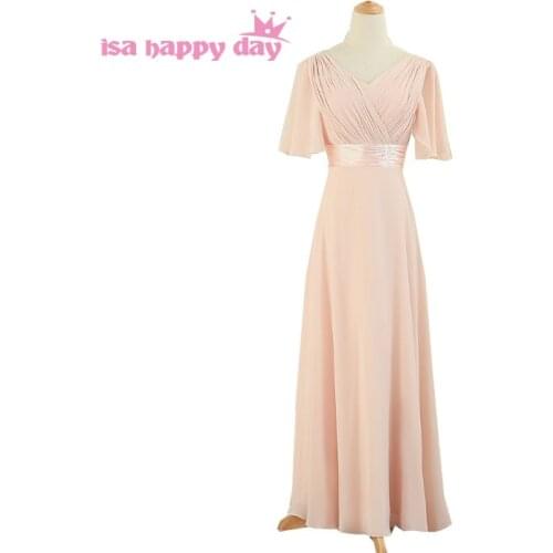 Modest pink maid of bridesmaid long bridesmaids woman with cap sleeve floor length chiffon pegeant dress party elegant W4335