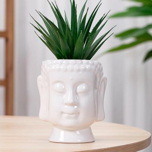 Nordic White Geometric Man Face Ceramics Vase Desk Decoration Buddha Statue Flower Basin Human Head Planter Zen Green Flower Pot