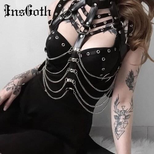 InsGoth Leather Chain Sexy Belts Adjustable Chest Harness Belt Halter Neck Gothic Streetwear Fashion Belts Party Clubwear