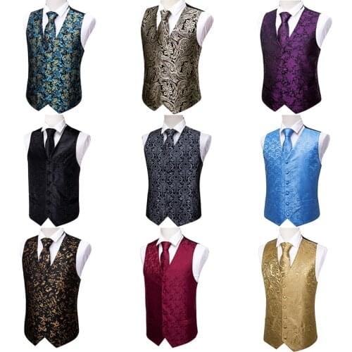 Fashion Blue Men Suit Vest Tie Set Silk Paisley Waistcoat Silm Fit Formal Business Party Weeding High Quality 3XL Barry.Wang