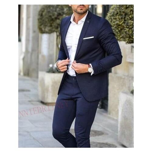 2020 Fashion Navy Blue Mens Suit 2 pieces Prom Wedding Dress for Men Custom Groom Tuxedo Slim Fit Mens Suits Jacket Pants Set