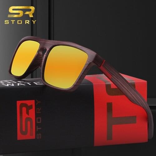 STORY 2020 Men Polarized Sunglasses High Quality Brand Design Wood Grain Frame Mirror Lens Square Sun Glasses Male Outdoor Sport