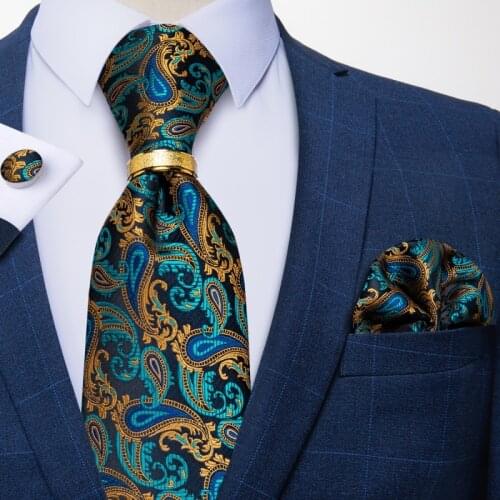 Men Tie Teal Green Gold Paisley Business Formal Necktie Handkerchief Cuffinks Ring Set Jacquard Woven Silk Wedding Tie DiBanGu