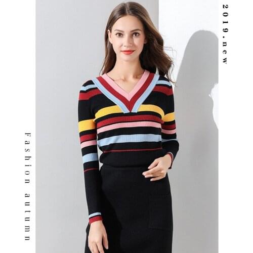 2021 Autumn Style Temperament Commuter V-neck Bottomed Sweater Slim Fit Striped Womens Sweater Womens Sweater England Style