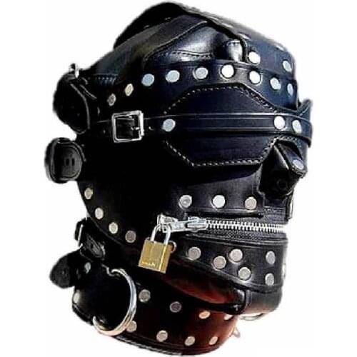 Kinky Metal Stud SM Bondage Leather Hood Zipper Full Head Harness with Removable Blindfold Gothic Fetish Costume