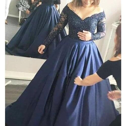 Gorgeous Custom Made Long Navy Off The Shoulder Lace Applique Satin Prom Dresses Gowns Wedding Guest Dress