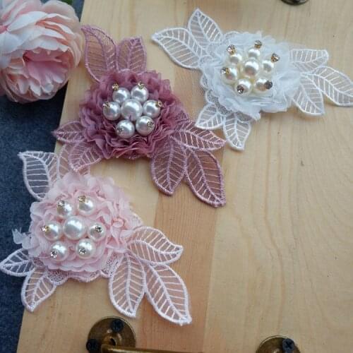 High quality exquisite organza big beads rhinestone handmade flower embroidery polyester cloth lace lace wedding accessories