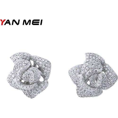 YAN MEI Women Fashion Rose Flower Cubic Zirconia Earrings Romantic Stud Earrings Luxury Bridal Jewelry GLE5356AY