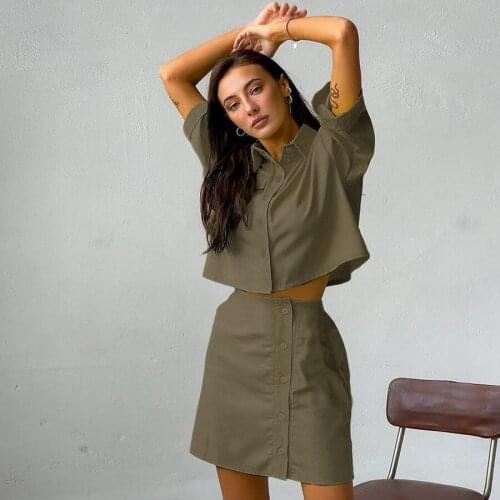 BoozRey Womens Clothing 2021 Lapel Tooling Shirt Button Placket Half-length Skirt Two-piece Short-sleeved Loose Hip Skirt Suit