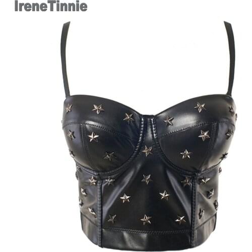 Irene Tinnie Sexy Charming PU leather Rivet Bralet Womens Bustier Bra Night Club Party Cropped Top Vest Plus Size
