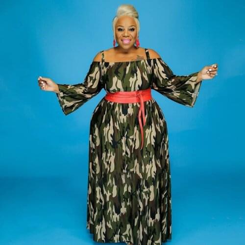 Plus Big Size Long Maxi Dress Women Off The Shoulder Elegant Vintage Camouflage Dot Floor-length Dresses Fall Summer Outfits