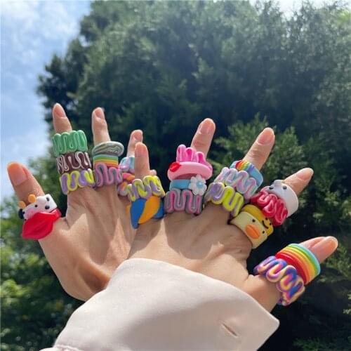 AOMU 2Pcs/Set 2021 Ins Handmade Ceramic Clay Cute Colorful Stripe Wide Ring Flower Mushroom Mouth Rings for Women Jewelry Gifts