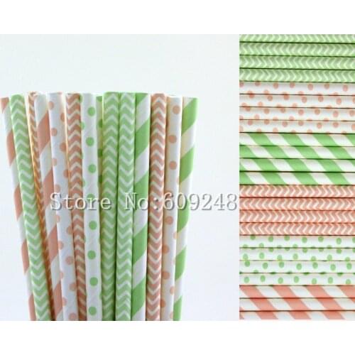 150pcs Drinking Paper Straws Mix,Light Pink and Mint Striped,Swiss Dot and Chevron,Baby Bridal Shower,Wedding Party,Colored