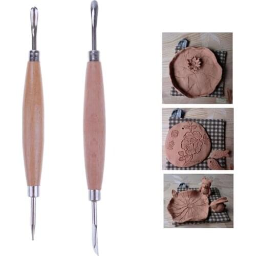 2pcs Wooden Handle Ceramics Sculpture Tools Stainless Steel Pottery Shaper Carvers Craft DIY Hand Playdough Clay Graving Tools