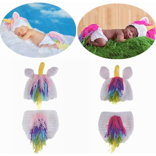 2Pcs/Set Newborn Photography Props Handmade Crochet Knitted Cartoon Small Horse Baby Hat And Diaper Suit Infant Girls Clothing