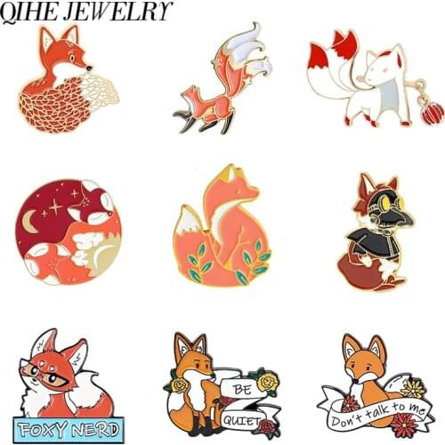 Fox Pins Collection Animal Brooches Be Quite Quote Letter Funny Silent Lapel Pin Fox Badges Woodland Jewelry
