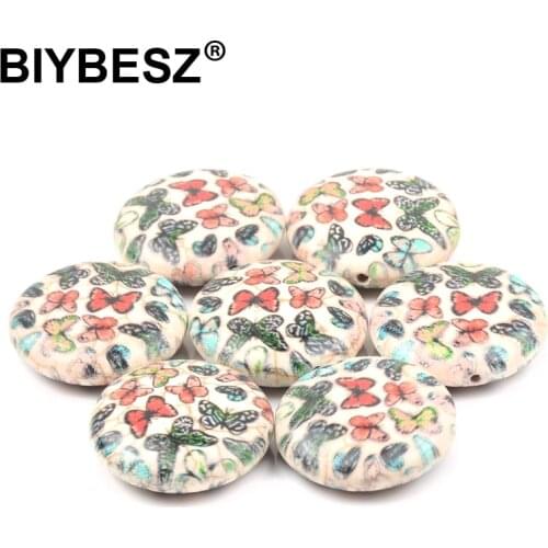 Butterfly Pattern Printed Stone Beads Flat Round Loose Spacer Stone Beads for Jewelry Making DIY Charm Bracelet Necklace 25mm