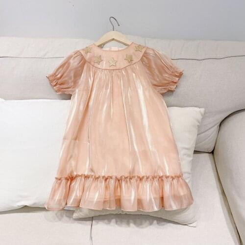 2021 Summer New Kids Girl Golden Stars Tulle Dress Children Shiny Pink Birthday Dress For Teenage Girls 8 10 12 Years Clothing