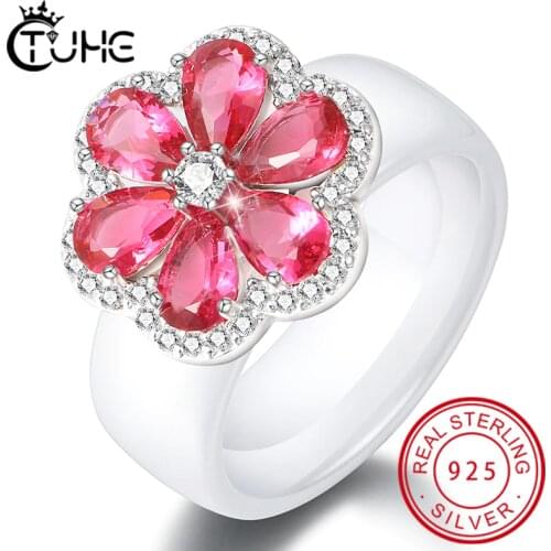 Elegant Style Women Ring CZ Crystal Red Flower Shape Ceramic Rings for Women Beautiful Rings for Female Wedding Jewelry Gift