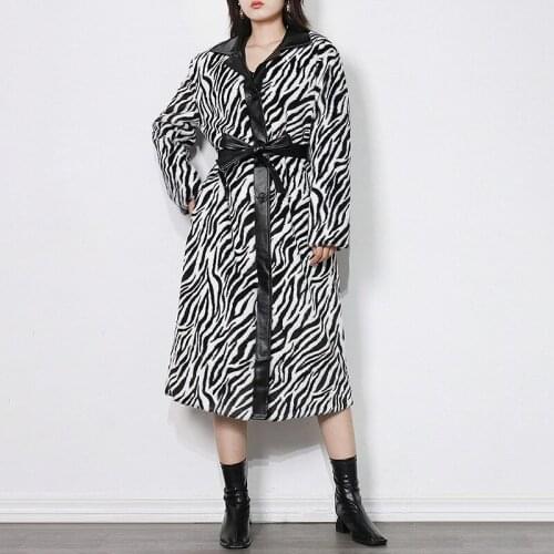 European and American zebra pattern coat 2021 fall/winter lapel single-breasted PU leather patchwork waist long cotton jacket