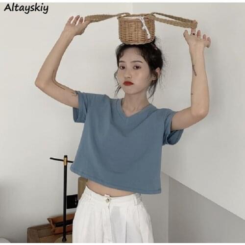 T-shirts Women Casual Simple Solid Loose Crop Tops Sexy V-neck All-match Teen Girls Short Sleeve Korean Style Summer Clubwear