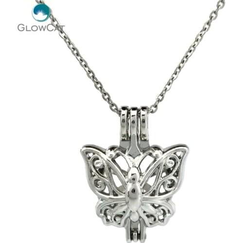 K701 Silver Alloy butterfly spirit Pearl Cage Pendant Chain Aroma Essential Oil Diffuser Locket
