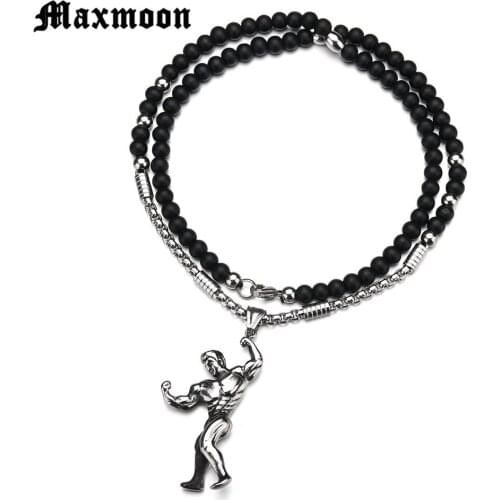 Maxmoon Silver Color Titanium Stainless Steel Muscle Sports Gym Fitness Pendant Necklaces For Men Jewelry