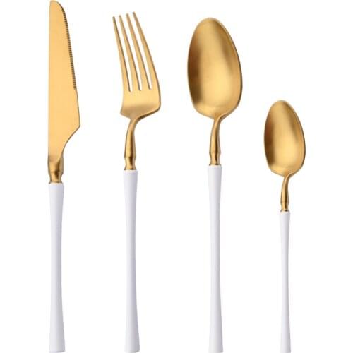 4Pcs White Gold Matte Dinnerware Set Stainless Steel Knife Fork Spoon Silverware Cutlery Set Kitchen Flatware Tableware Set