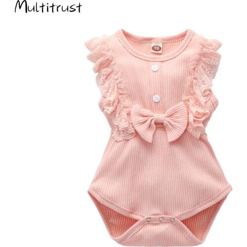 Infant Baby Girls Clothes Round Collar Bodysuits Suit Baby Sleeveless One Piece Bodysuit Knit Lace Bowknot Jumpsuits