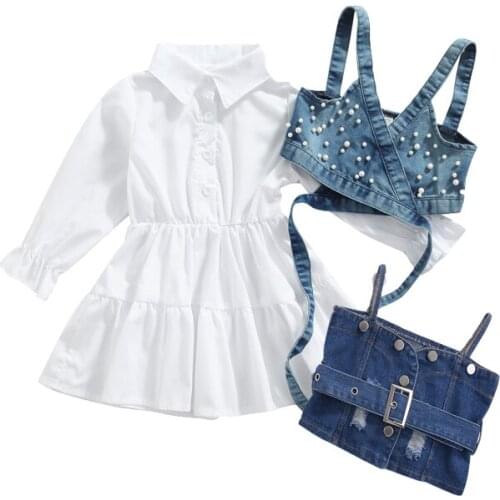 1-6Y Autumn Fashion Children Kids Girls Dress 2pcs Solid Long Sleeve Ruffles Button Shirts Dress+Pearl Denim Vest Tops Outfits