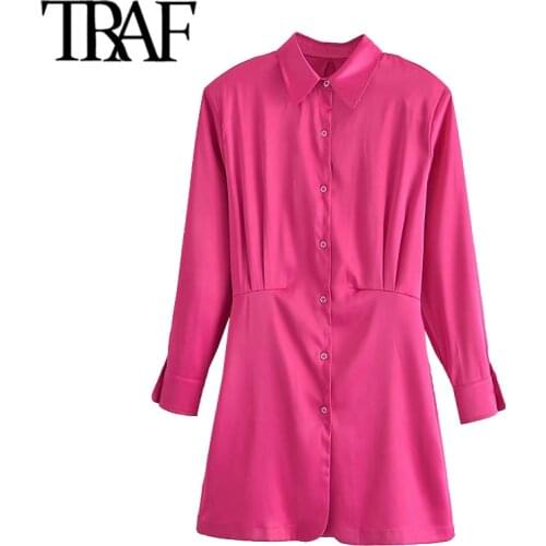 TRAF Women Fashion Pleated Soft Touch Fitted Mini Shirt Dress Vintage Long Sleeve Button-up Female Dresses Vestidos