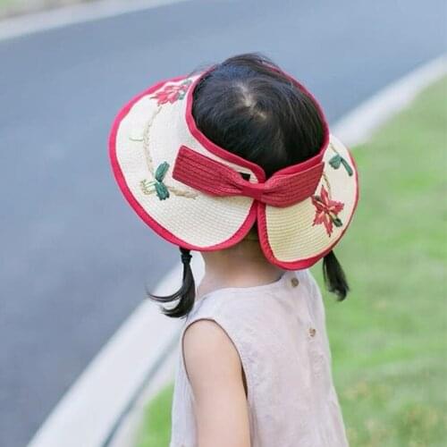 Childrens Summer Hat Empty Top Hand Embroidery Flowers Bow Sun Visor Wide Brim Beach Sun Hats Kid Sun Protection Caps Straw Hat