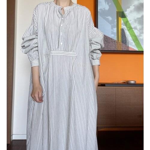 SuperAen 2021 Spring and Summer New Long-sleeved Stripe Shirt Dress Women Korean Loose Puff Sleeve Plus Size Dress