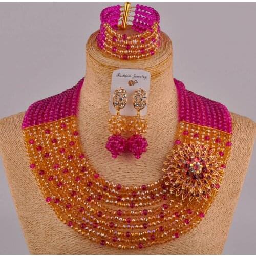 Fuchsia pink and champagne gold ab african wedding jewelry set 10SZ