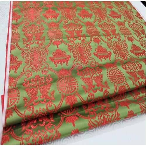 HLQON brocade dual-fish green red fabric patchwork felt tissue telas bed sheet cheongsam dress children coat cloth 75cm width