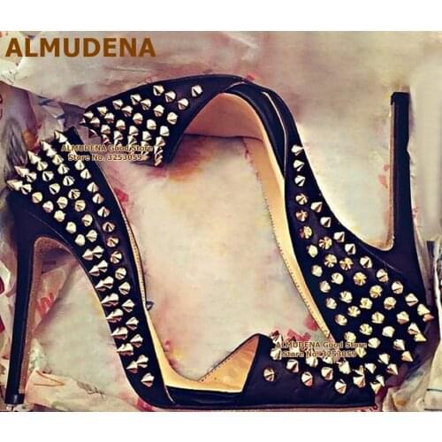 ALMUDENA Gold Rivets High Heel Shoes 12cm 10cm 8cm High Heel Pointed Toe Banquet Shoes Full Spikes Wedding Heels Size45 Dropship