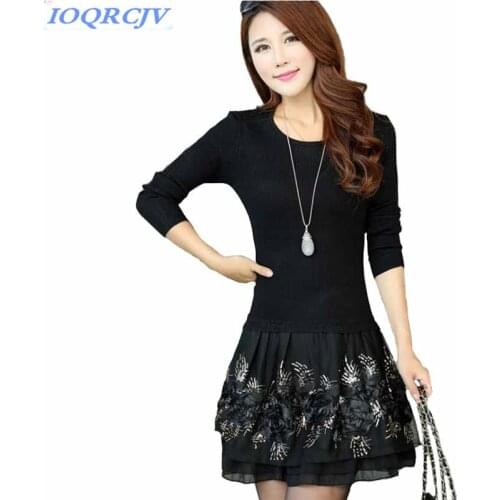 Knit sweater dress for women 2018 autumn winter Lace stitching fake two pieces mini dress diamond Plus size Slim female pullover