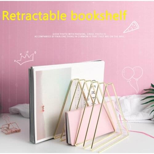 Rose Gold Iron Retractable Triangle Bookshelf Book Organizer Desktop File Book Storage Rack Desk Organizer Shelf Book Stand