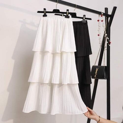 2020 3 Layered Women Skirt Black White Korean Style Long Skirt Summer Pleated Skirt Chiffon layer cake sun skirt female
